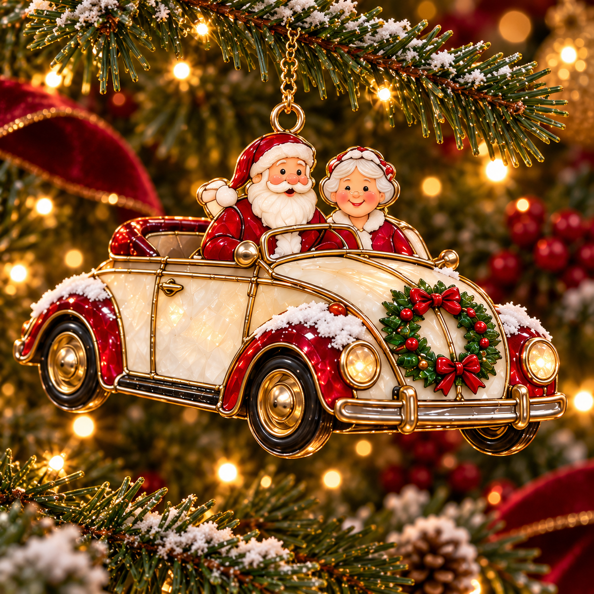 Vintage Christmas Rides – 6-Piece Stained-Glass Style Car Ornament Set