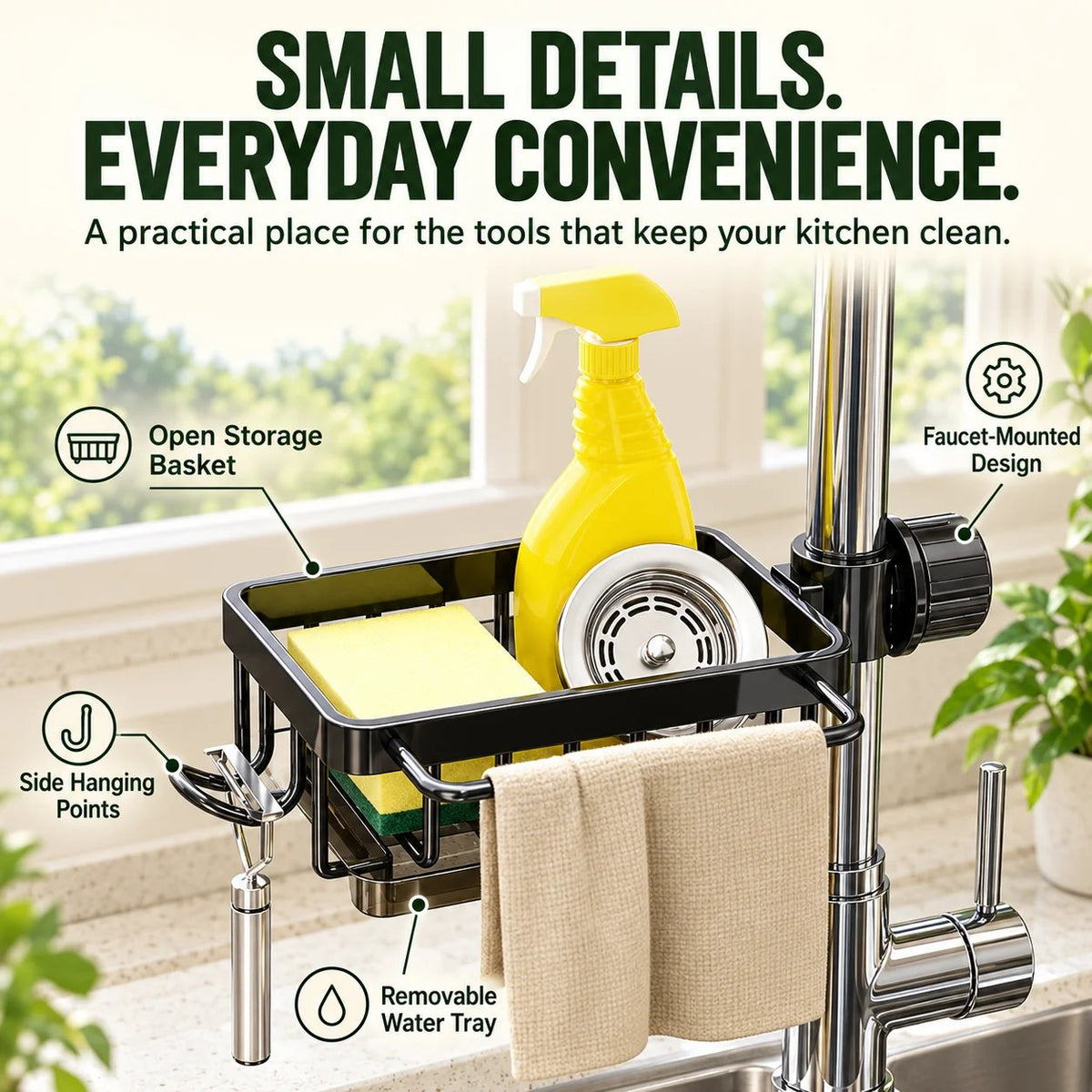 🚰 Faucet-Mounted Sink Caddy – Clear Your Counter, Keep Cleaning Tools Within Reach