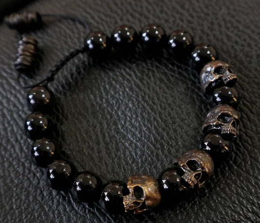Black Zirconia Skull Army Agate Bead Bracelet