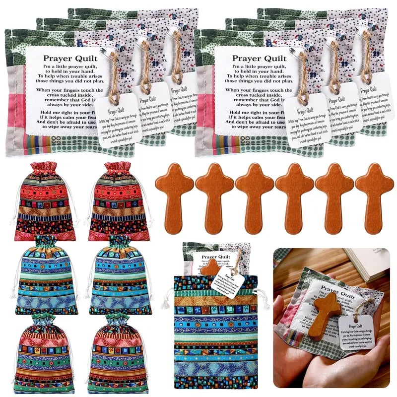 🎁6 Sets Pocket Prayer Quilt Set | Mini Handmade Prayer Blankets with Cross & Drawstring Bag Christian Gifts✝️