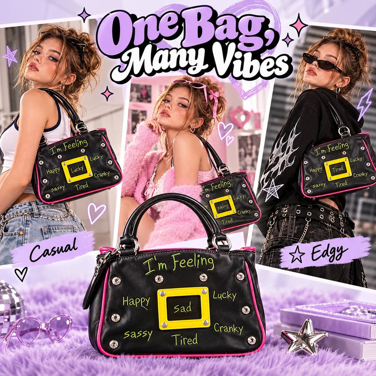 🔥 Y2K Mood Shoulder Bag – Change Your Mood, Change Your Style! Trendy Purse with Interchangeable Embroidered Patches & Buckle Display Window