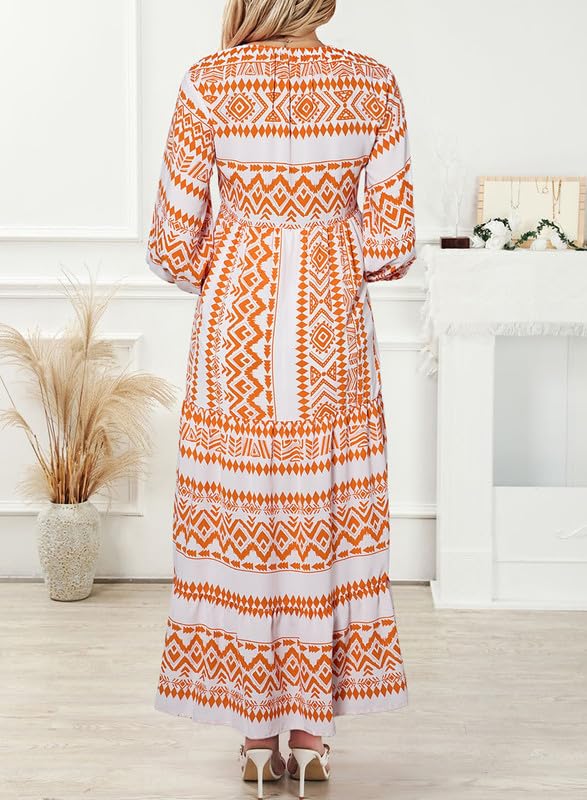 womens puff sleeve geometric bohemian maxi dresses