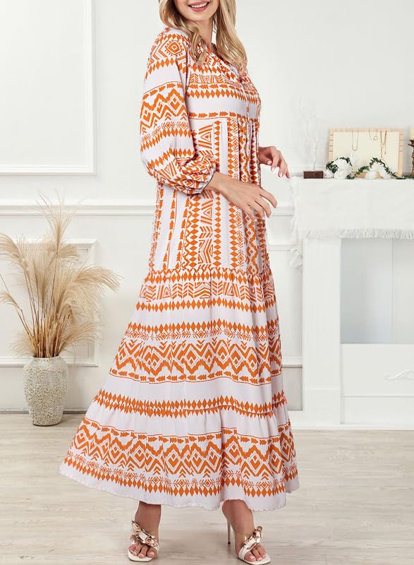 womens puff sleeve geometric bohemian maxi dresses