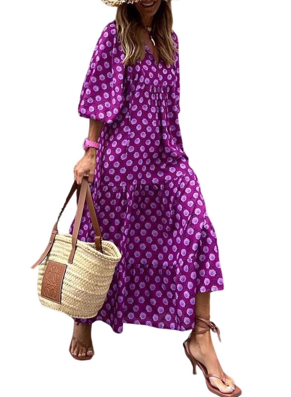 womens puff sleeve geometric bohemian maxi dresses