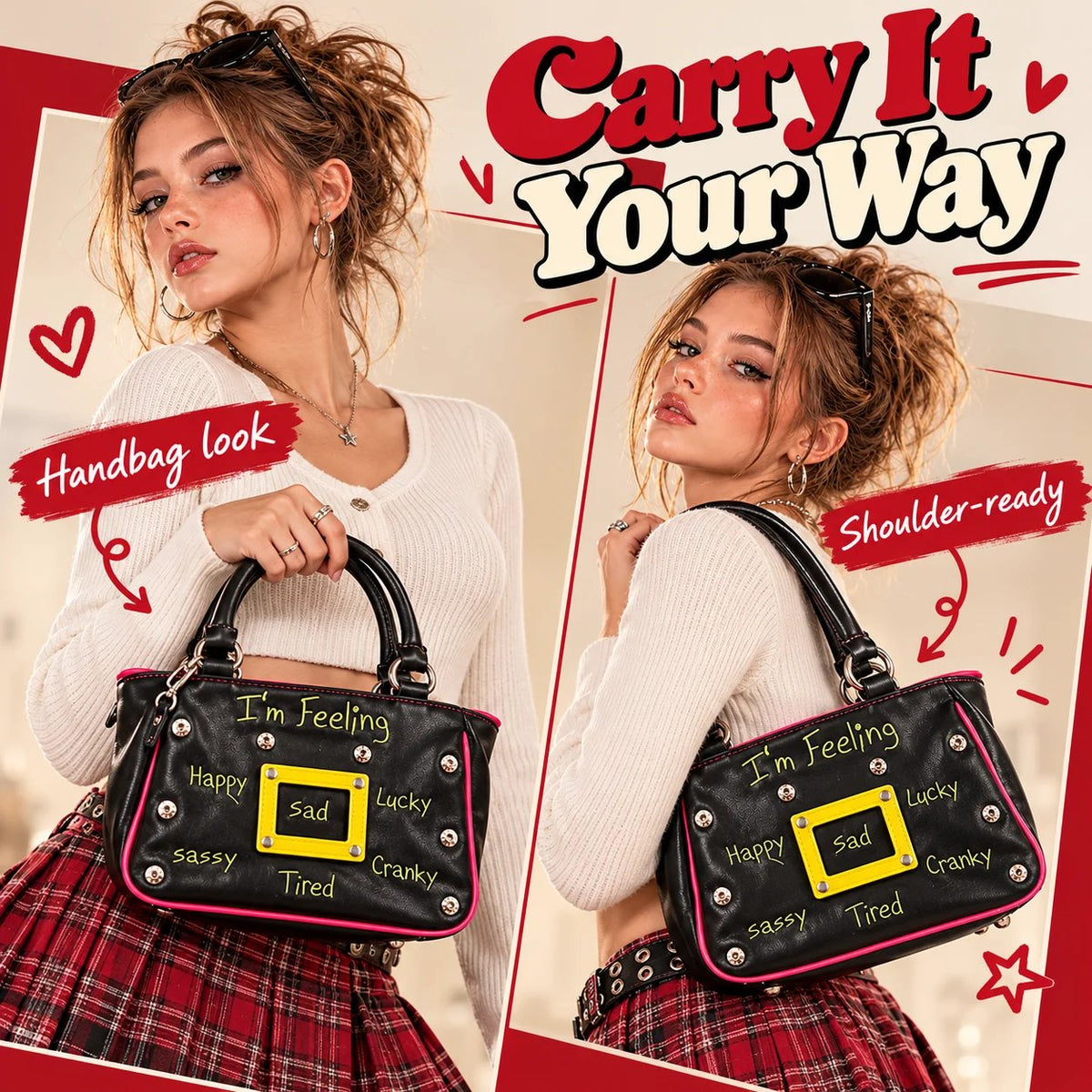 🔥 Y2K Mood Shoulder Bag – Change Your Mood, Change Your Style! Trendy Purse with Interchangeable Embroidered Patches & Buckle Display Window