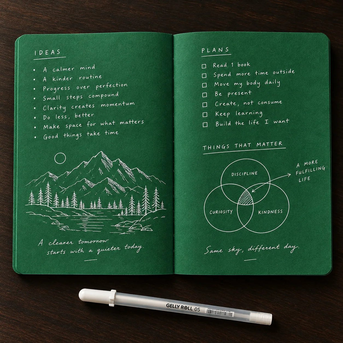 🔥HOT SALE 49% OFF - 📖Deep Green Blank Notebook with White Gel Pen | Aesthetic Writing & Sketch Journal