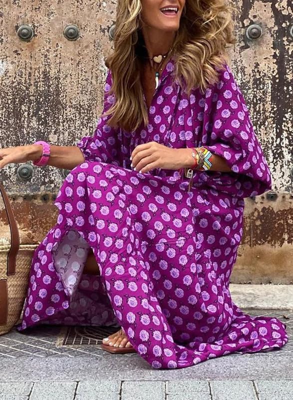 womens puff sleeve geometric bohemian maxi dresses