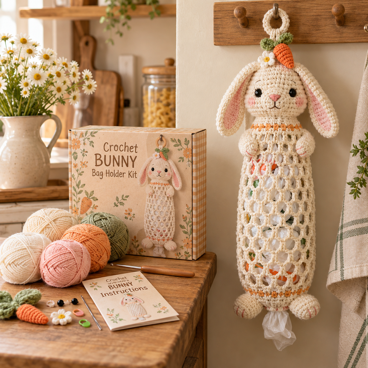 🔥LAST DAY 49% OFF – 🌼 Cottage Harvest Keepers™ — Crochet Animal Bag Holder DIY Kit | 12 Adorable Designs