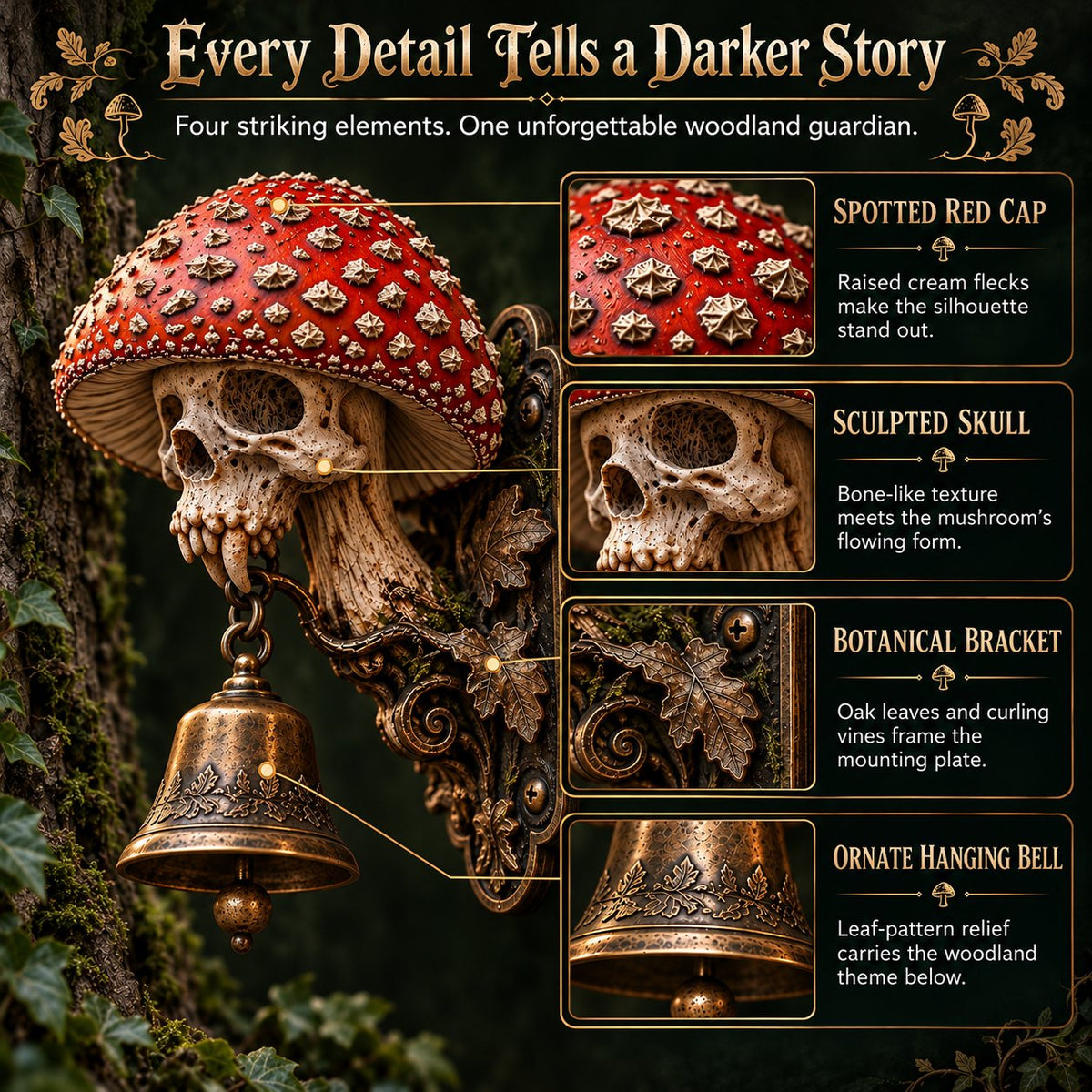 ⏳ Last Day 49% OFF – 🍄 Skullcap Guardian Mushroom Skull Door Bell | Gothic Woodland Décor with Hanging Bell 💀🔔