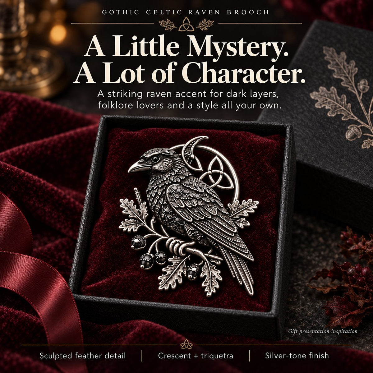 🐦‍⬛ Gothic Celtic Raven Brooch | 4 Single-Brooch Styles