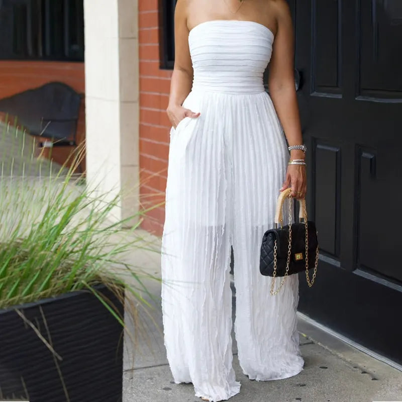 Strapless Crinkle Wide-Leg Jumpsuit