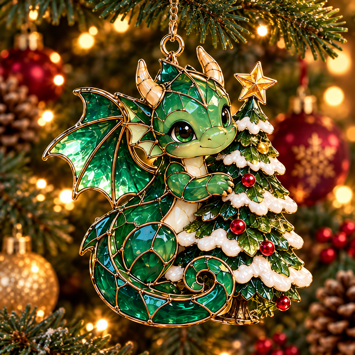 Enchanted Christmas Dragons – 6-Piece Vintage Stained Glass-Style Ornament Set