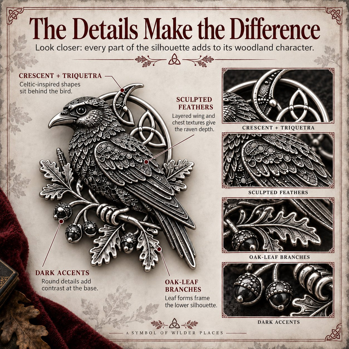 🐦‍⬛ Gothic Celtic Raven Brooch | 4 Single-Brooch Styles