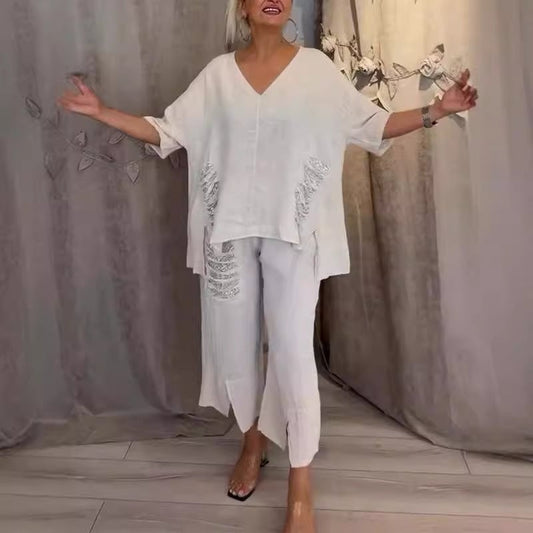 Women's cotton linen V-neck 2-piece set