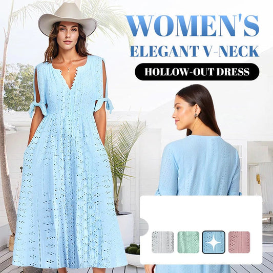 💃Women's Elegant V-Neck Hollow-Out Solid Dress - Buy 2 and get free shipping!