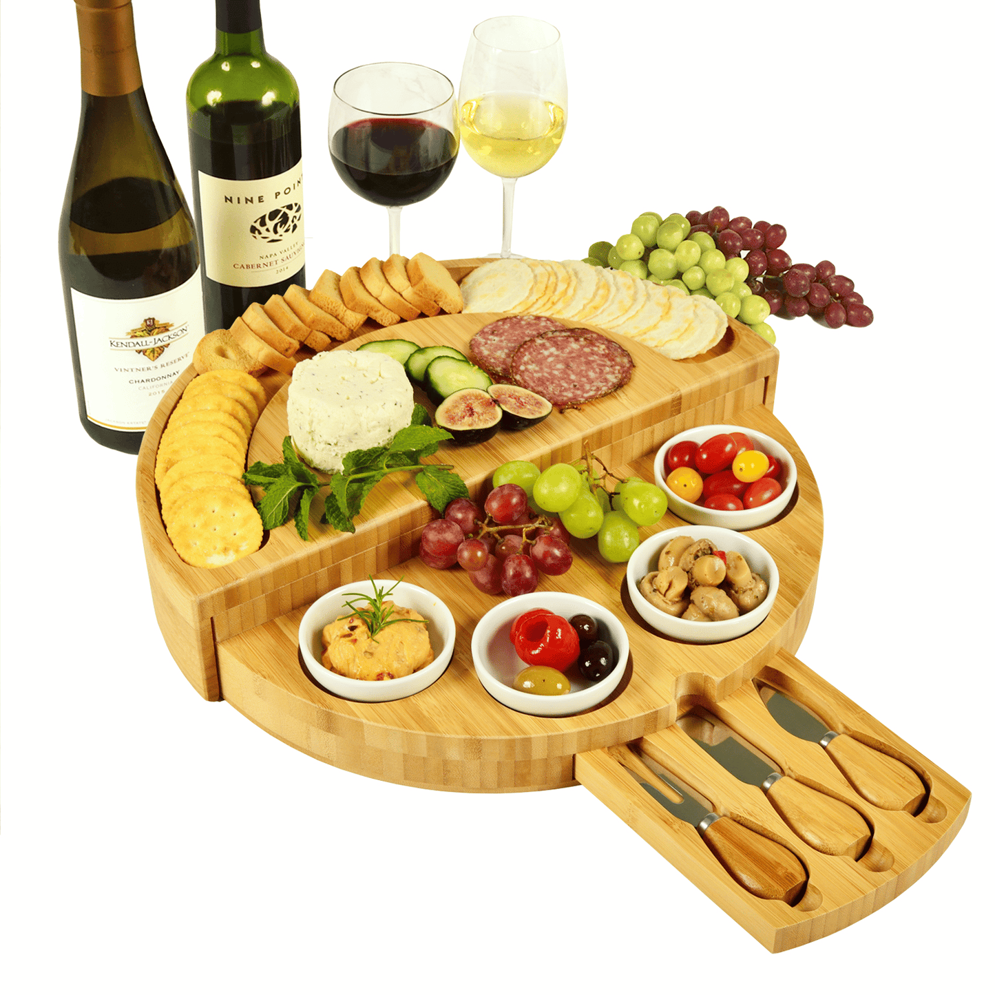 🧀2025 Bamboo Swivel Charcuterie Board🔥With 4 Integrated Ceramic Bowls And 3 Piece Knife Set
