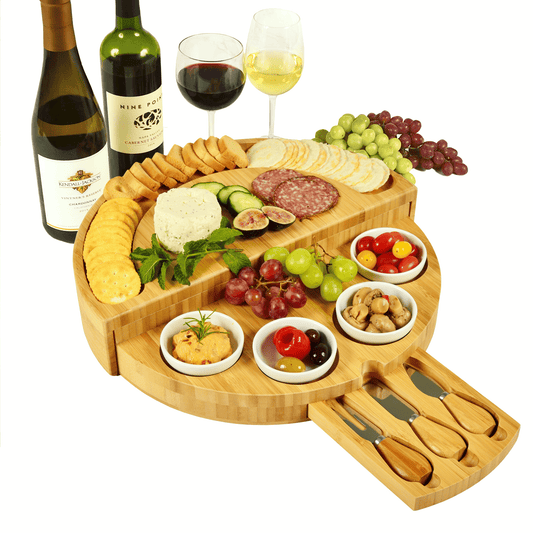 🧀2025 Bamboo Swivel Charcuterie Board🔥With 4 Integrated Ceramic Bowls And 3 Piece Knife Set
