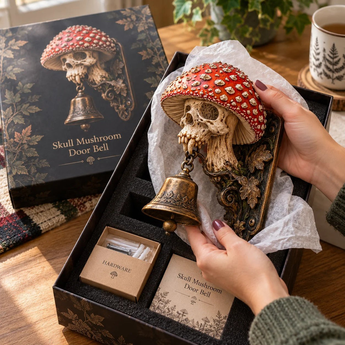 ⏳ Last Day 49% OFF – 🍄 Skullcap Guardian Mushroom Skull Door Bell | Gothic Woodland Décor with Hanging Bell 💀🔔