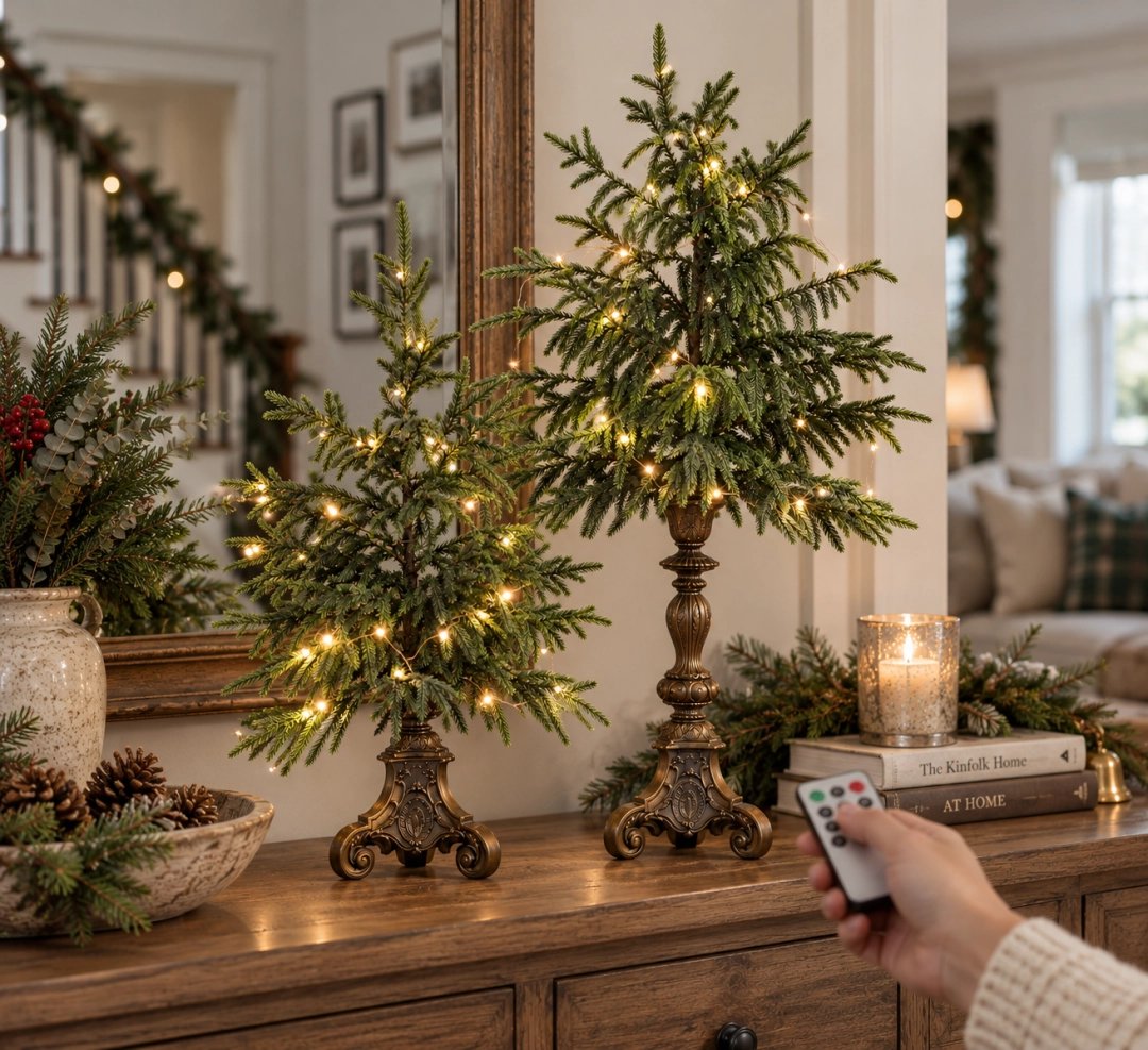 🎄 Vintage Lighted Norfolk Pine Trees | Warm LED Pedestal Decor