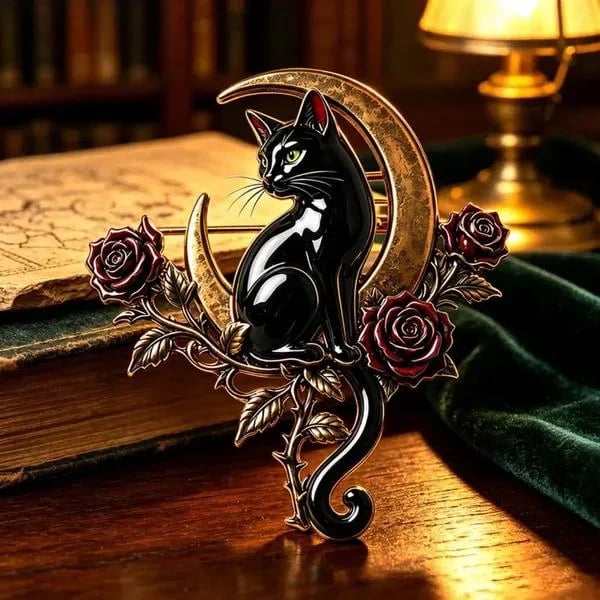 🐈‍⬛🌙 Black Cat Crescent Moon Brooch – Gothic Rose Statement Pin