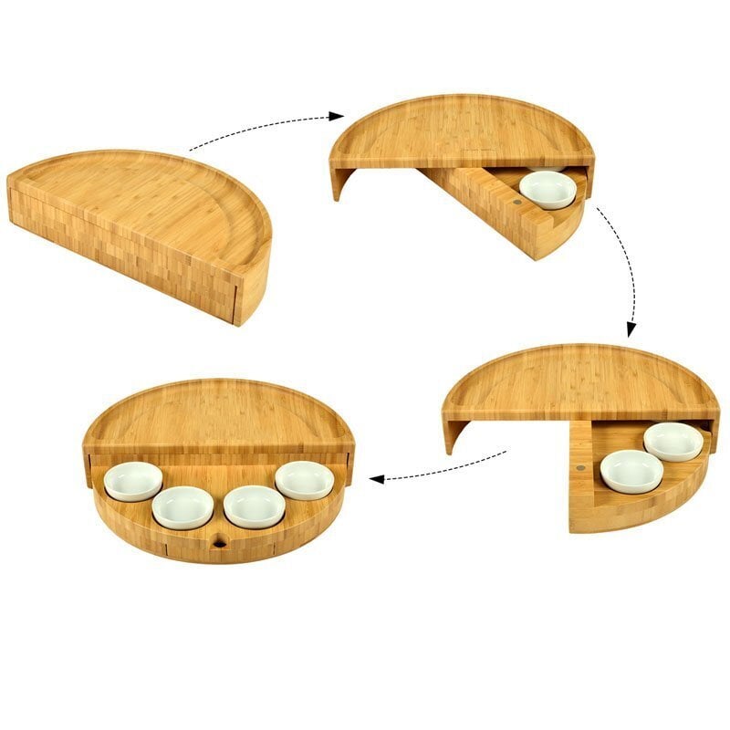 🧀2025 Bamboo Swivel Charcuterie Board🔥With 4 Integrated Ceramic Bowls And 3 Piece Knife Set