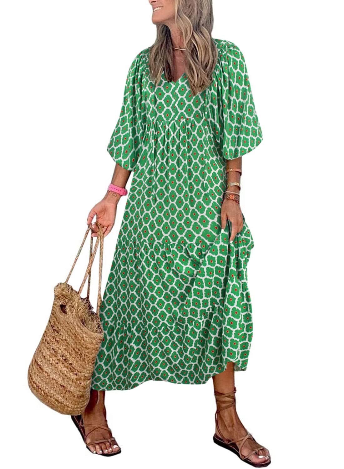 womens puff sleeve geometric bohemian maxi dresses