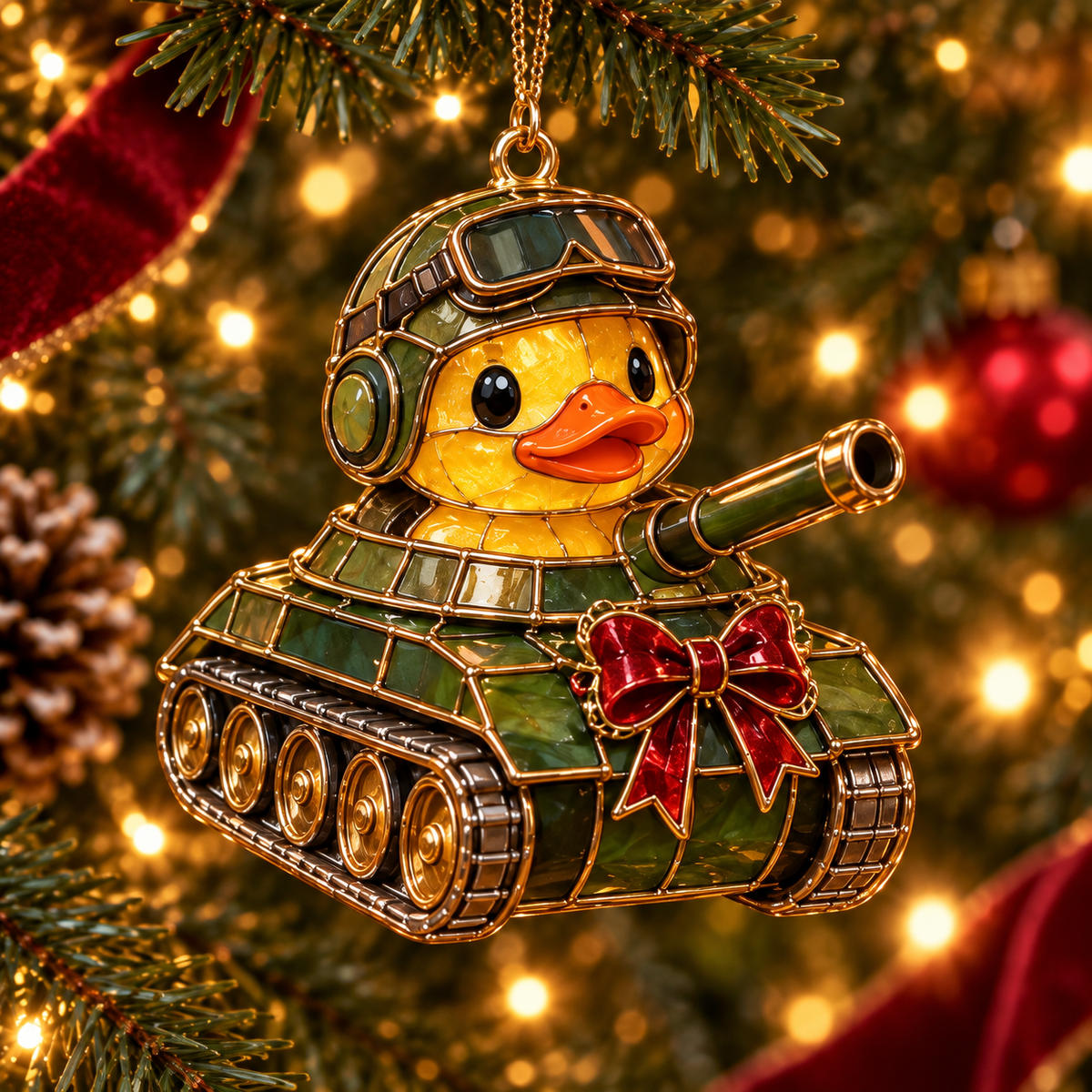 Military Duck Christmas Ornaments – 6-Piece Vintage Stained-Glass Style Gift Set