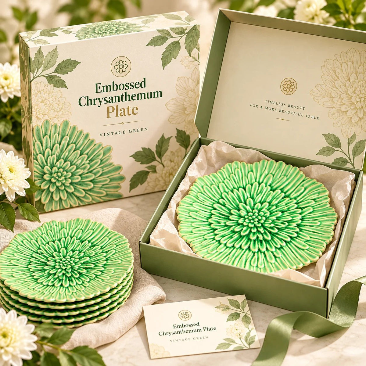 Vintage Green Embossed Chrysanthemum Dinner Plate, Majolica Style Ceramic, 11 Inch
