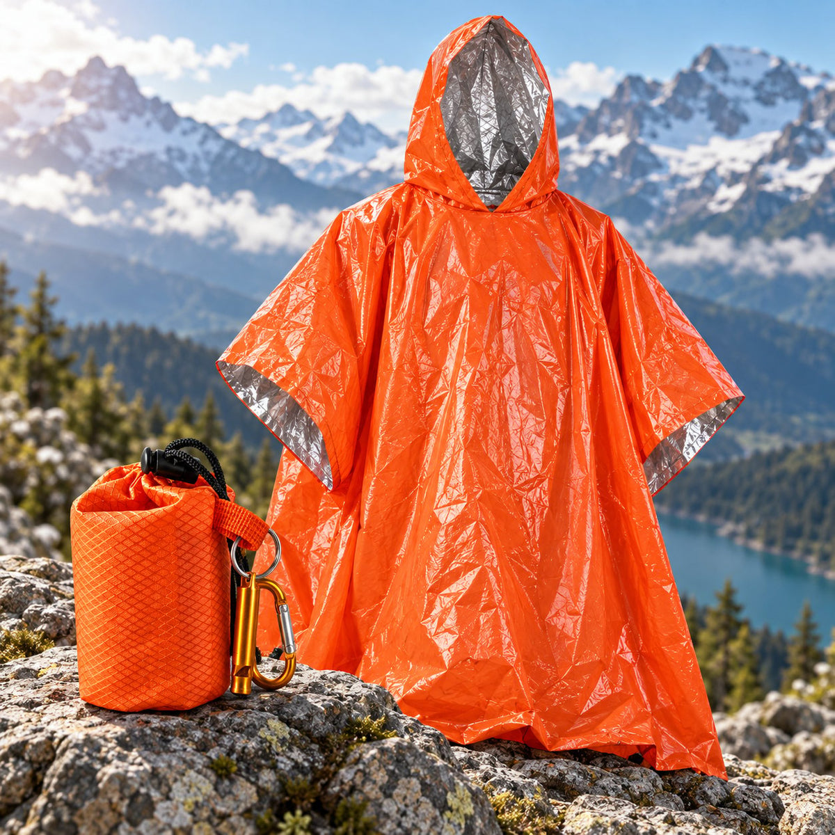 Emergency Rain Poncho Set with Storage Pouch, Aluminum Whistle & Carabiner