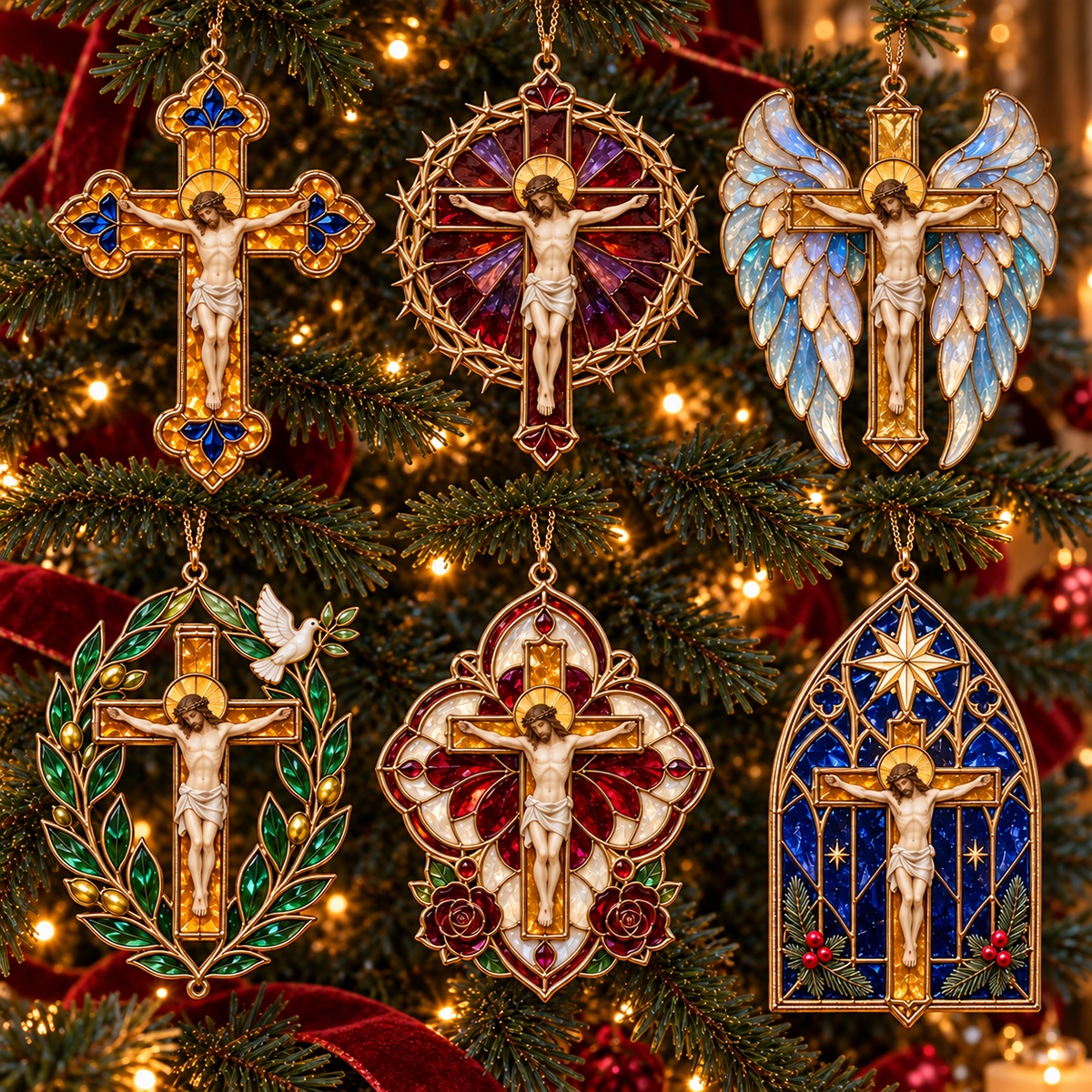 2026 Sacred Light — Vintage Stained Glass–Style Crucifix Christmas Ornaments | Set of 6