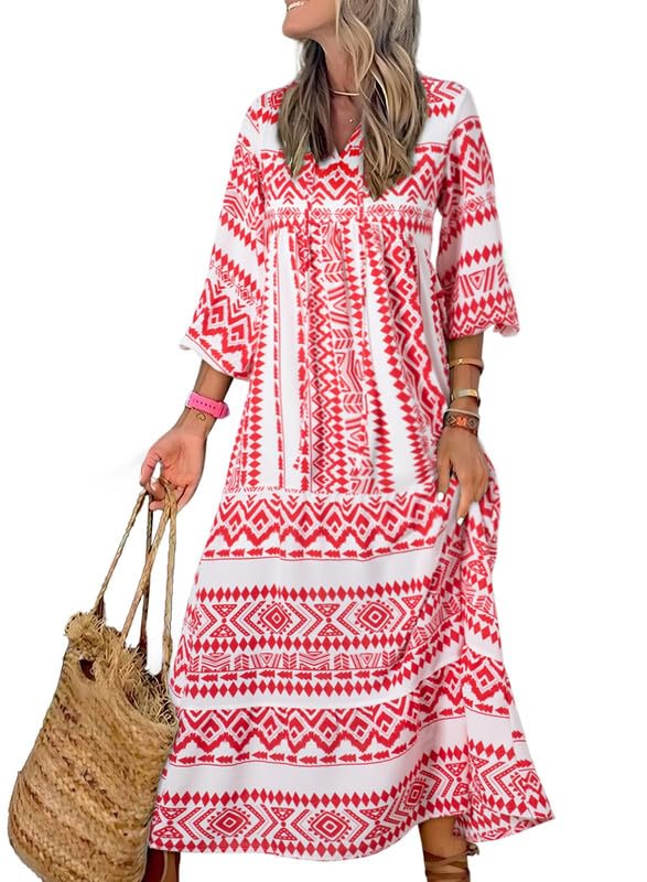 womens puff sleeve geometric bohemian maxi dresses