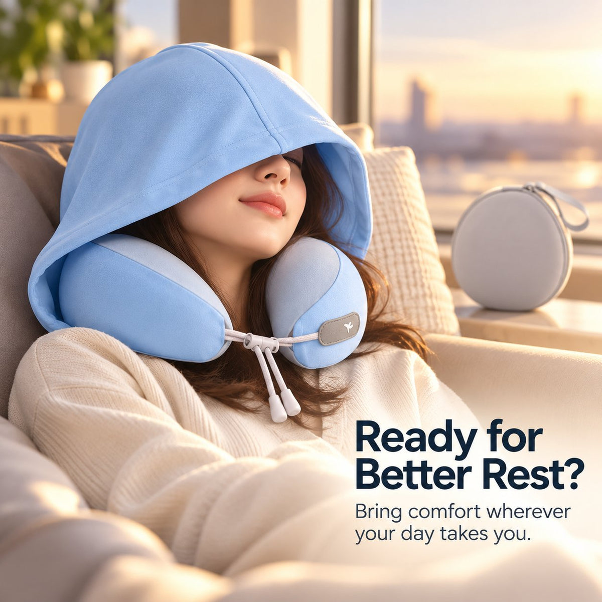 Hooded Travel Neck Pillow with Carrying Pouch