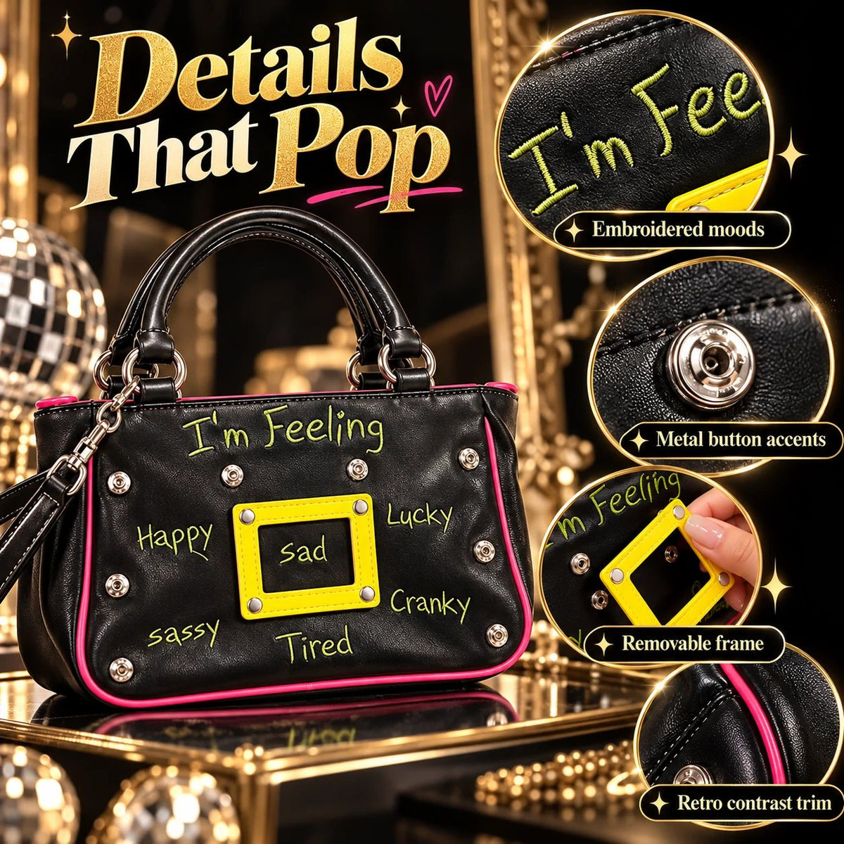 🔥 Y2K Mood Shoulder Bag – Change Your Mood, Change Your Style! Trendy Purse with Interchangeable Embroidered Patches & Buckle Display Window