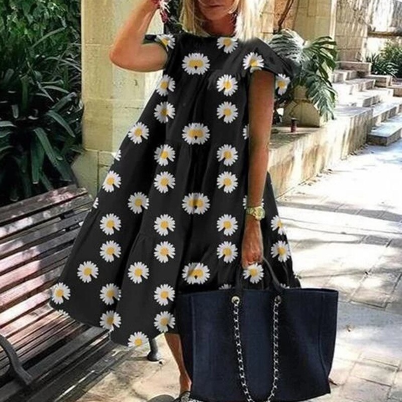 Summer Vintage Style Women's Loose Round Neck Short Sleeve Dresses
