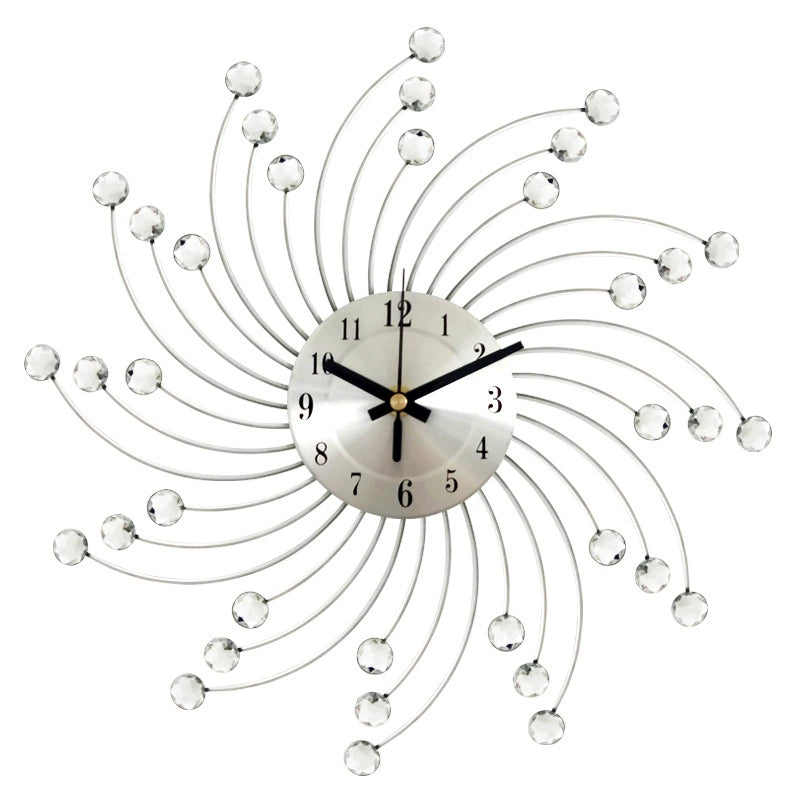 Modern 3D Crystal Wall Clock - 12.4 Inch Silver Mirror with Diamond Decoration
