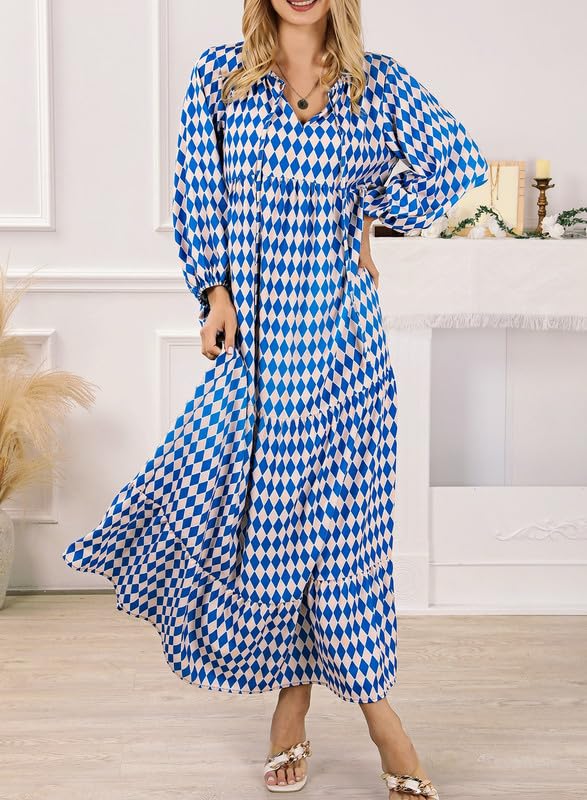 womens puff sleeve geometric bohemian maxi dresses
