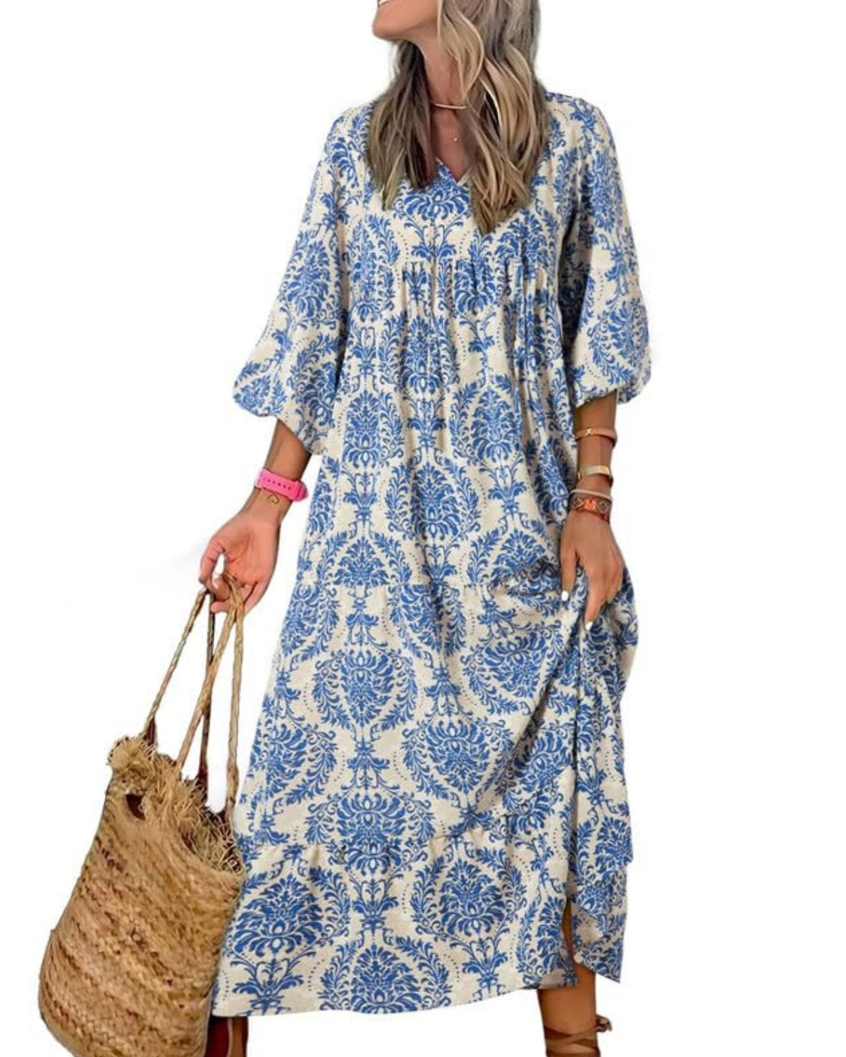 womens puff sleeve geometric bohemian maxi dresses