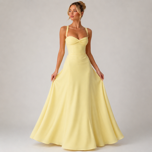 Yellow Sweetheart Neck Ruched Sleeveless Midi Dress
