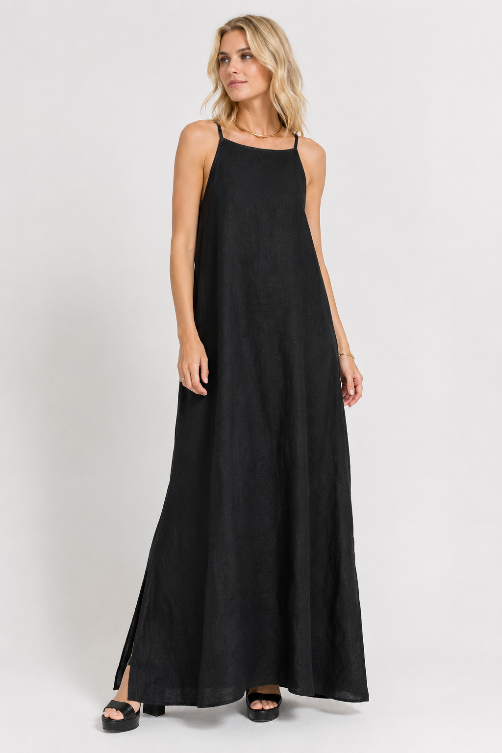 Elegant Solid Color Cotton Linen Sleeveless Long Dress