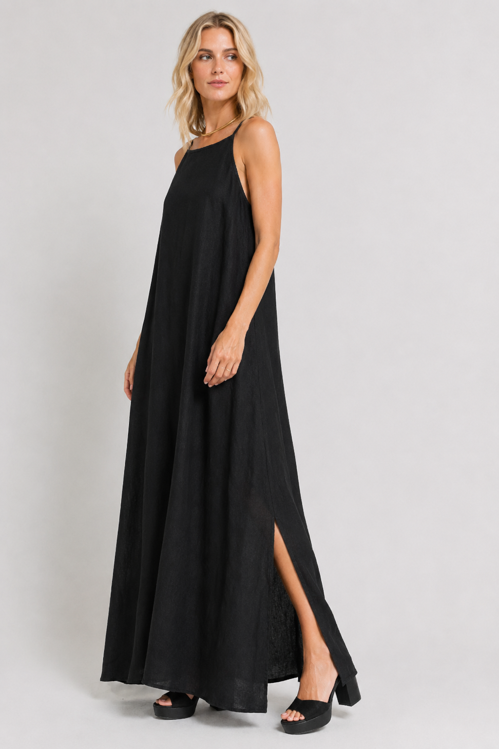 Elegant Solid Color Cotton Linen Sleeveless Long Dress