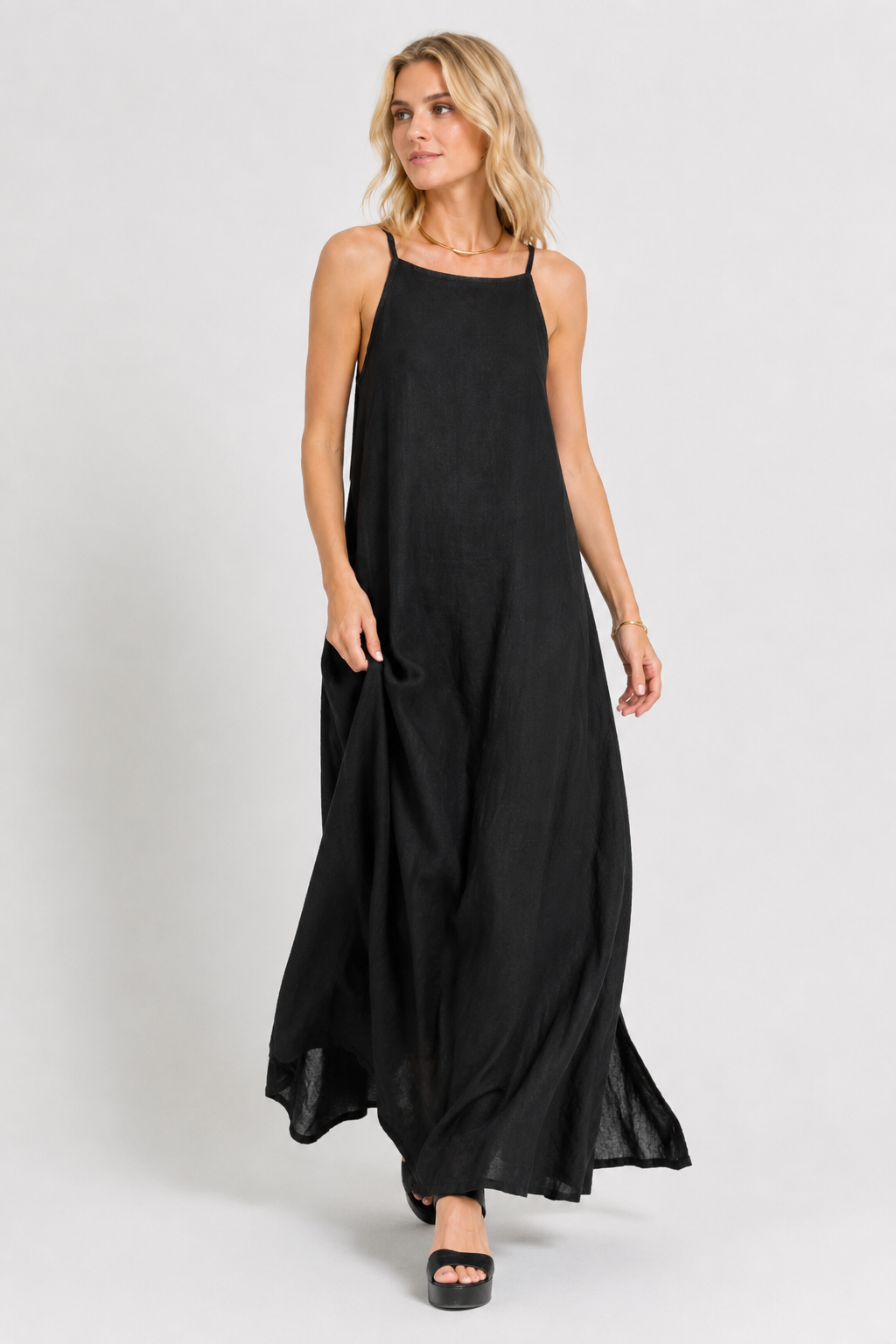 Elegant Solid Color Cotton Linen Sleeveless Long Dress
