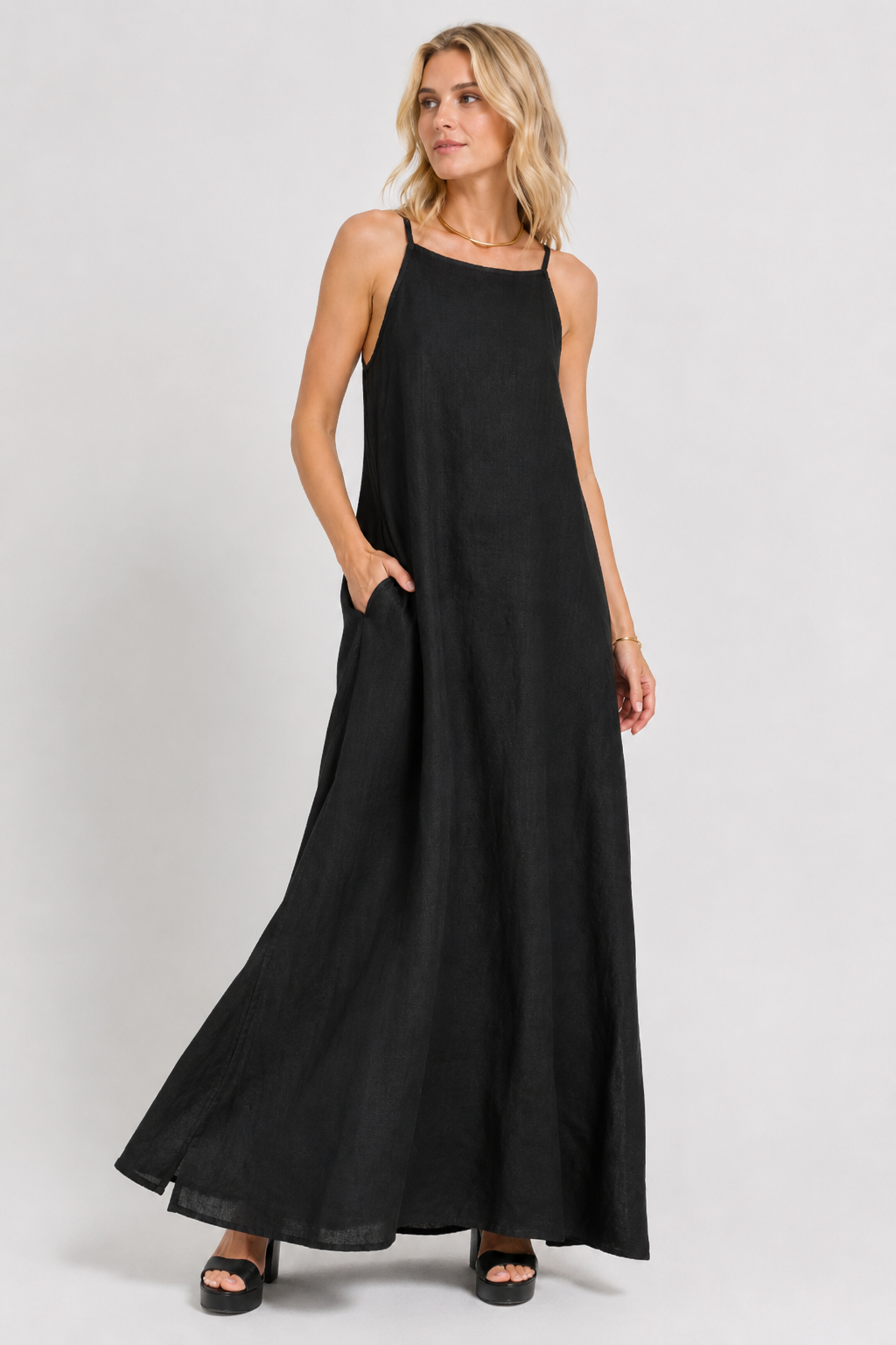 Elegant Solid Color Cotton Linen Sleeveless Long Dress
