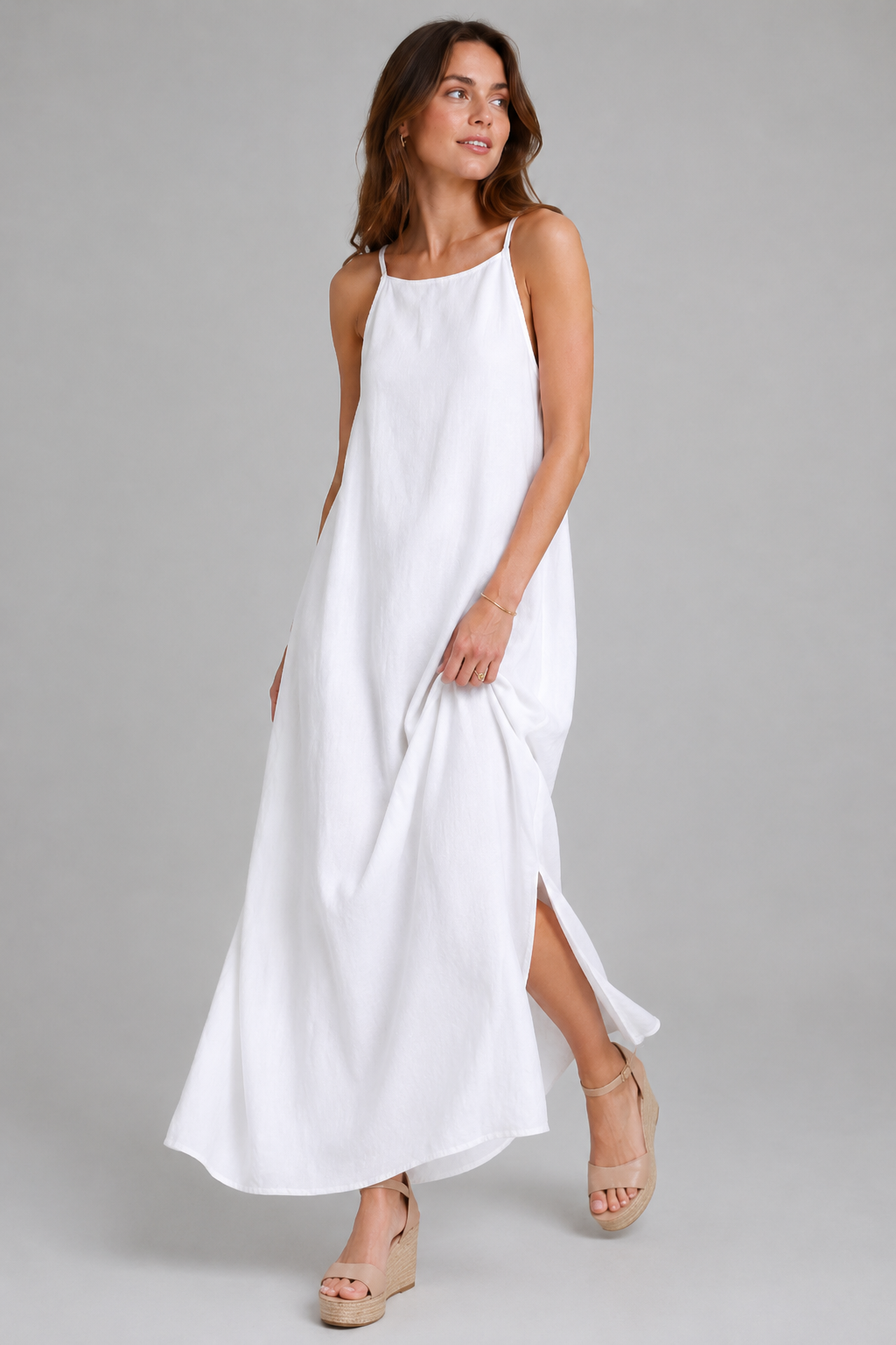 Elegant Solid Color Cotton Linen Sleeveless Long Dress