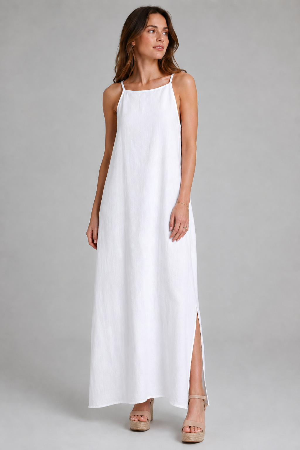 Elegant Solid Color Cotton Linen Sleeveless Long Dress