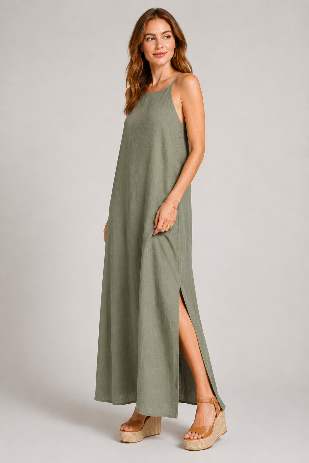 Elegant Solid Color Cotton Linen Sleeveless Long Dress