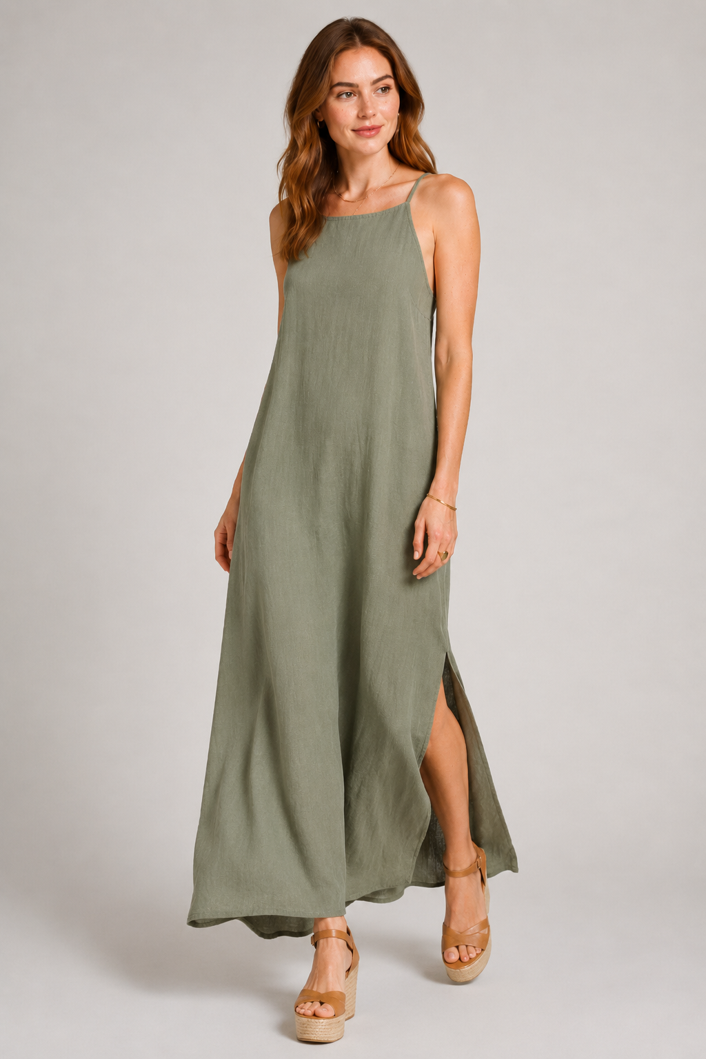 Elegant Solid Color Cotton Linen Sleeveless Long Dress