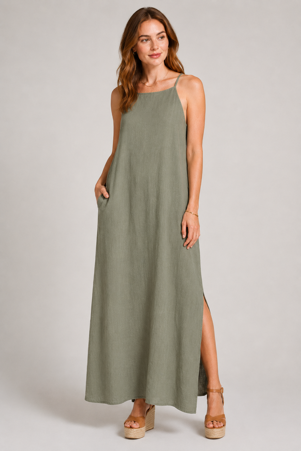 Elegant Solid Color Cotton Linen Sleeveless Long Dress