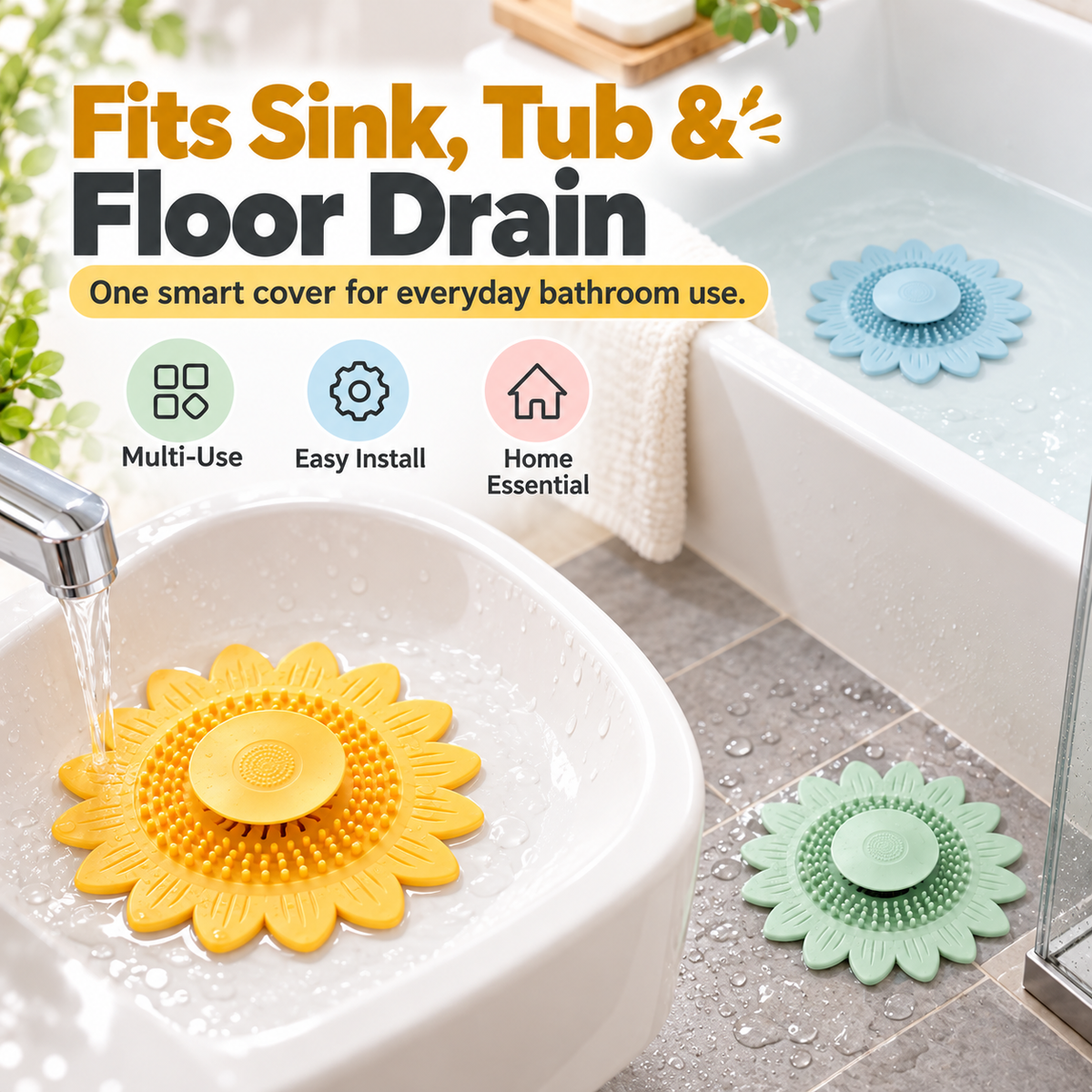 🌻 50% OFF Sunflower Silicone Drain Cover – Hair Catcher, Odor Blocker & One-Press Drain 💧