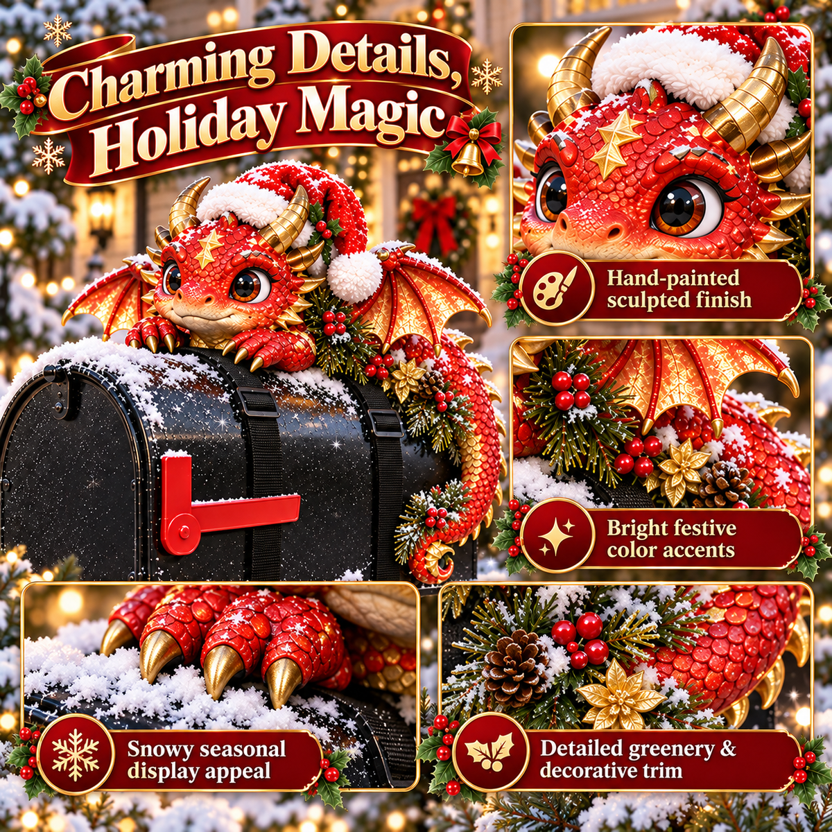 🎄🐉 Christmas Dragon Mailbox Topper — Festive Outdoor Holiday Decor ✨