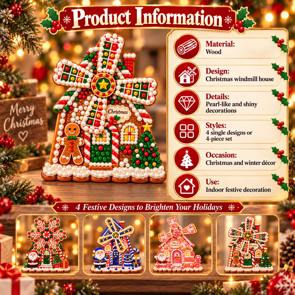 🎄 Wooden Christmas windmill decoration with rotating sails – 4 festive designs